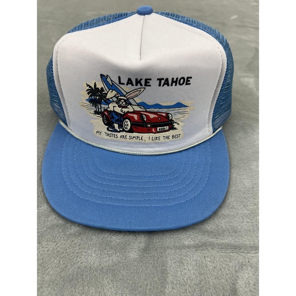 Other - Vintage Lake Tahoe Hat Cap Snap Back Blue White Trucker Mesh Rabbit Car Mens 80s